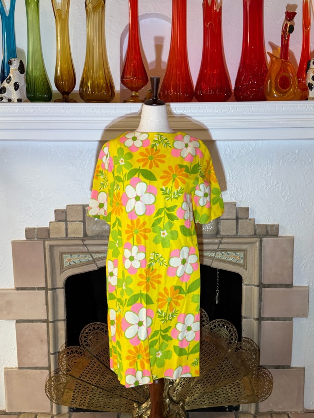 Vtg 60s Psychedelic Mod Shift Dress Yellow Floral Daisy Flower Power Talon Zip L